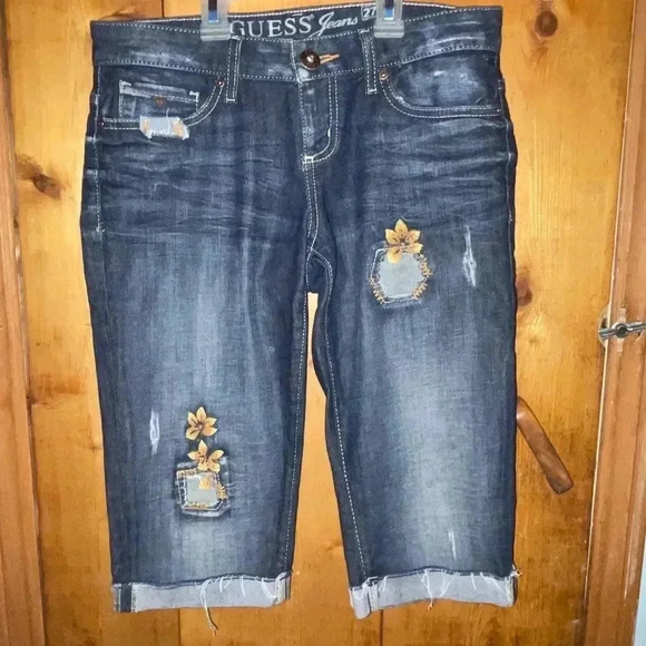 Guess Pants - Guess denim Bermuda shorts jeans floral detail summer vacation floral